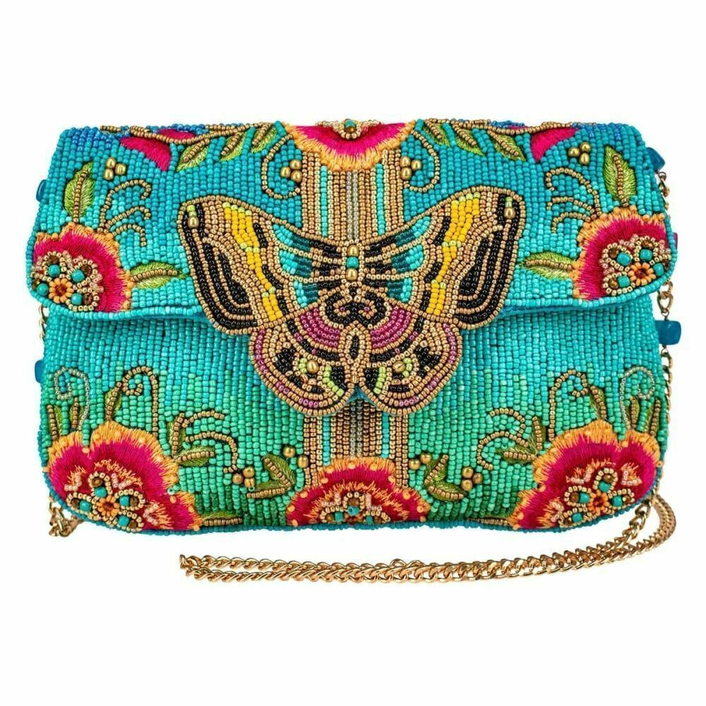 Mary Frances Butterfly Love Spring Floral Bag Beaded Handbag Blue Pink Purse NEW - Picture 1 of 7